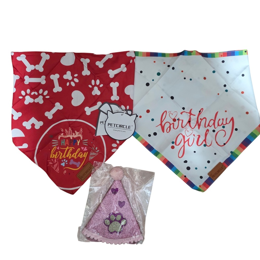 Petcircle Happy Birthday Dog Bandana Set with Pink Glitter Party Hat 3pc NEW